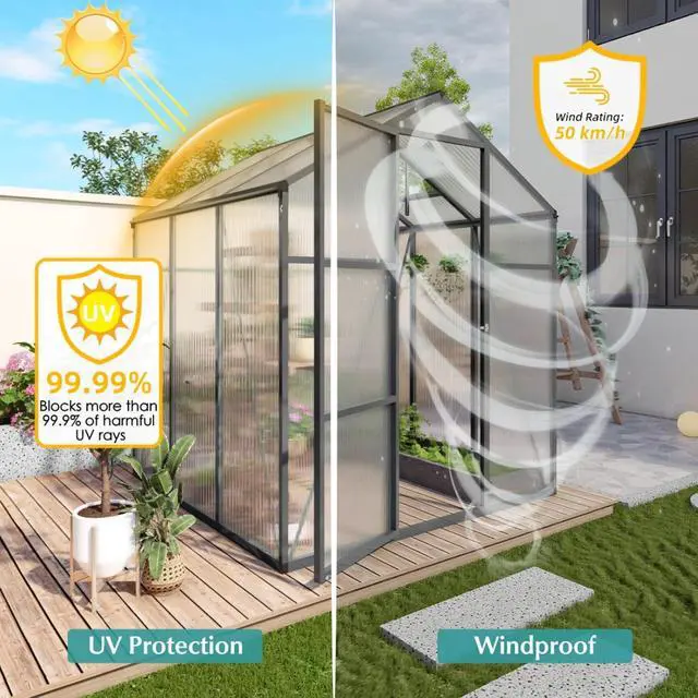 Alt view image 5 of 7 - Walk-in Polycarbonate Greenhouse with Aluminum Frame and Double-Door Gate for Growing Flowers, Herbs, Plants, Outdoor Plant Tent with Drainage Gutter System for Backyard, Lawn (6x6FT+Black)