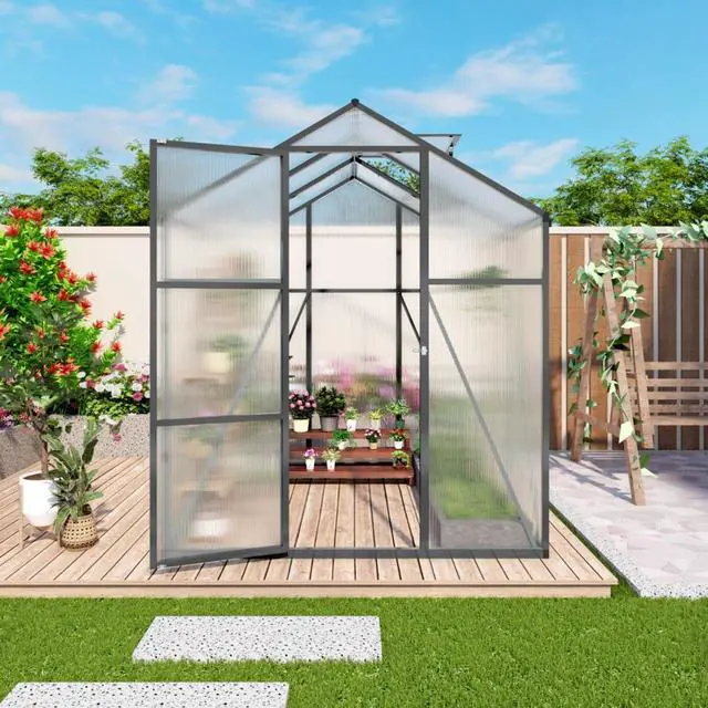 Alt view image 7 of 7 - Walk-in Polycarbonate Greenhouse with Aluminum Frame and Double-Door Gate for Growing Flowers, Herbs, Plants, Outdoor Plant Tent with Drainage Gutter System for Backyard, Lawn (6x6FT+Black)