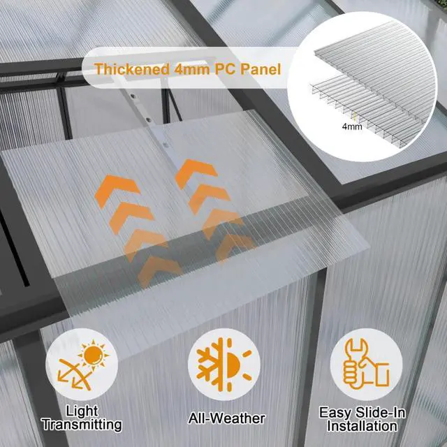Alt view image 3 of 7 - Walk-in Polycarbonate Greenhouse with Aluminum Frame and Double-Door Gate for Growing Flowers, Herbs, Plants, Outdoor Plant Tent with Drainage Gutter System for Backyard, Lawn (New+6x14FT)