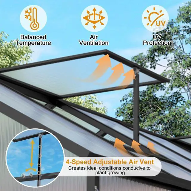 Alt view image 2 of 7 - Walk-in Polycarbonate Greenhouse with Aluminum Frame and Double-Door Gate for Growing Flowers, Herbs, Plants, Outdoor Plant Tent with Drainage Gutter System for Backyard, Lawn (New+6x14FT)