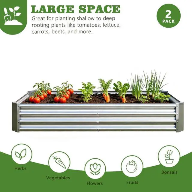 Alt view image 3 of 7 - 2 Pieces Metal Raised Bed with Open Bottom Design for Backyard, Lawn, Poolside, Outdoor Planter Box with Anti-Rust Iron Frame for Growing Flowers, Vegetables, Plants (6x3x1FT Silver 2PCS)