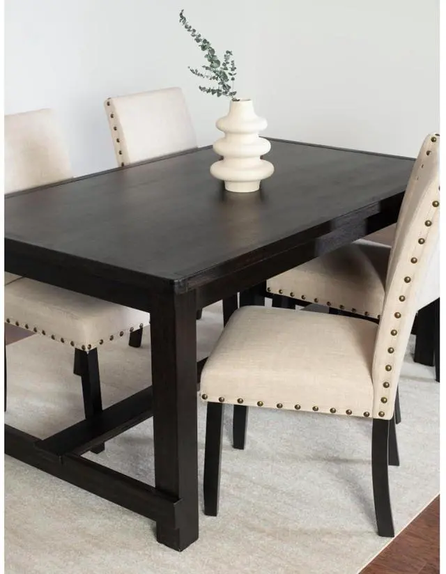 Alt view image 3 of 7 - 6-Piece Retro Kitchen Set with Rectangular Table and 4 High Back Chairs & 1 Bench for 6, Vintage Dinner Table Set with Brass Nailhead Trim & Footrest for Home Restaurant (Tan)