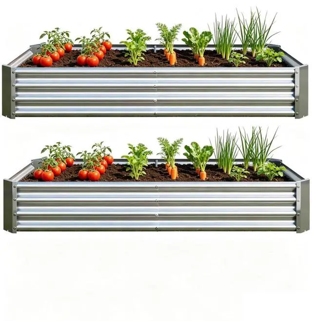 Alt view image 4 of 7 - 2 Pieces Metal Raised Bed with Open Bottom Design for Backyard, Lawn, Poolside, Outdoor Planter Box with Anti-Rust Iron Frame for Growing Flowers, Vegetables, Plants (6x3x1FT Silver 2PCS)