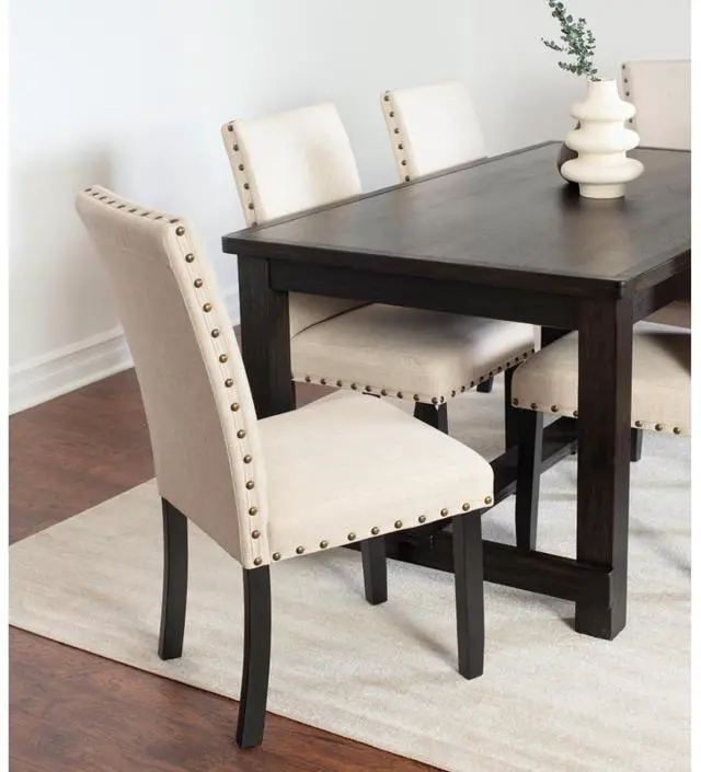 Alt view image 4 of 7 - 6-Piece Retro Kitchen Set with Rectangular Table and 4 High Back Chairs & 1 Bench for 6, Vintage Dinner Table Set with Brass Nailhead Trim & Footrest for Home Restaurant (Tan)
