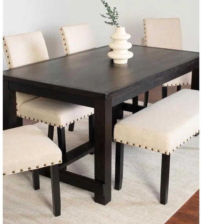 Alt view image 6 of 7 - 6-Piece Retro Kitchen Set with Rectangular Table and 4 High Back Chairs & 1 Bench for 6, Vintage Dinner Table Set with Brass Nailhead Trim & Footrest for Home Restaurant (Tan)