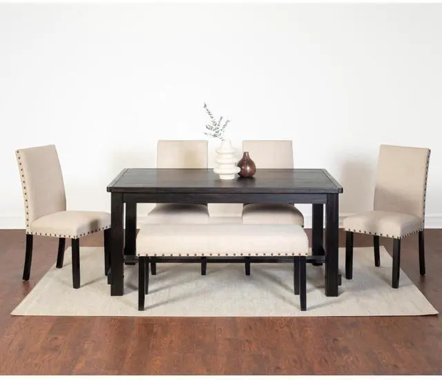 Main image of 6-Piece Retro Kitchen Set with Rectangular Table and 4 High Back Chairs & 1 Bench for 6, Vintage Dinner Table Set with Brass Nailhead Trim & Footrest for Home Restaurant (Tan)