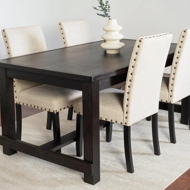 Alt view image 2 of 7 - 6-Piece Retro Kitchen Set with Rectangular Table and 4 High Back Chairs & 1 Bench for 6, Vintage Dinner Table Set with Brass Nailhead Trim & Footrest for Home Restaurant (Tan)