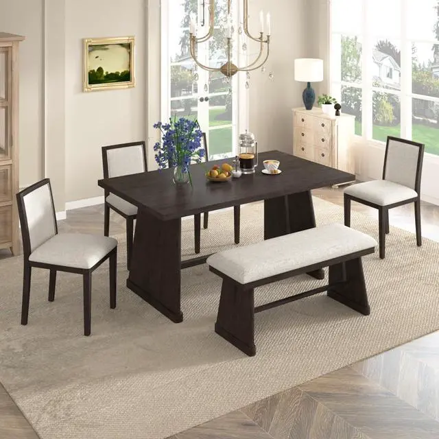Main image of 6-Piece Farmhouse Dining Sets with Rectangular Table and 4 Upholstered Chairs & 1 Bench for 6, Rustic Kitchen Set with Solid Wood Frame & Unique Trapezoidal Legs for Dining Room (Espresso)