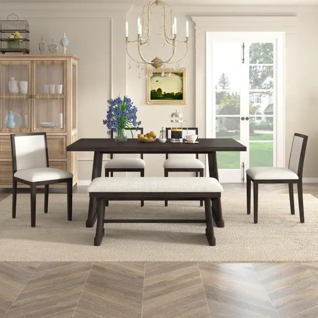 Alt view image 2 of 7 - 6-Piece Farmhouse Dining Sets with Rectangular Table and 4 Upholstered Chairs & 1 Bench for 6, Rustic Kitchen Set with Solid Wood Frame & Unique Trapezoidal Legs for Dining Room (Espresso)