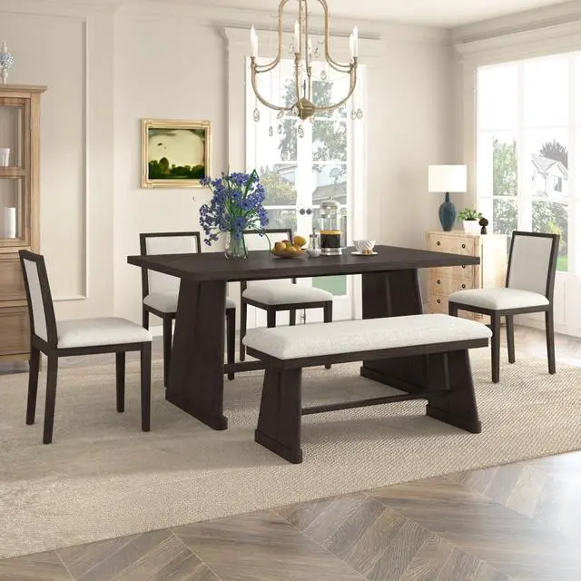 Alt view image 3 of 7 - 6-Piece Farmhouse Dining Sets with Rectangular Table and 4 Upholstered Chairs & 1 Bench for 6, Rustic Kitchen Set with Solid Wood Frame & Unique Trapezoidal Legs for Dining Room (Espresso)