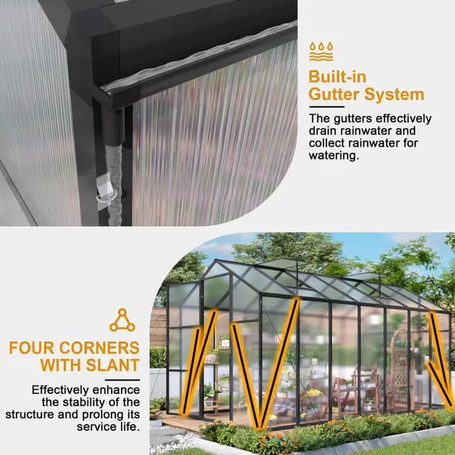 Alt view image 4 of 7 - Walk-in Polycarbonate Greenhouse with Aluminum Frame and Double-Door Gate for Growing Flowers, Herbs, Plants, Outdoor Plant Tent with Drainage Gutter System for Backyard, Lawn (New+6x14FT)
