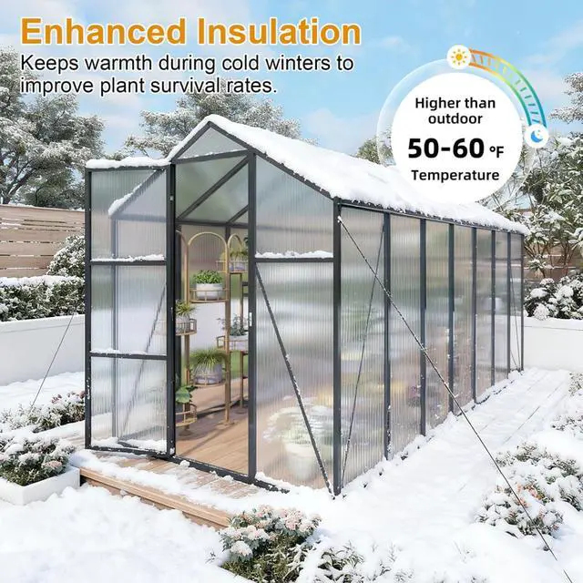 Alt view image 5 of 7 - Walk-in Polycarbonate Greenhouse with Aluminum Frame and Double-Door Gate for Growing Flowers, Herbs, Plants, Outdoor Plant Tent with Drainage Gutter System for Backyard, Lawn (New+6x14FT)