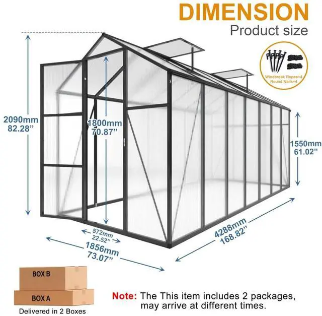 Alt view image 7 of 7 - Walk-in Polycarbonate Greenhouse with Aluminum Frame and Double-Door Gate for Growing Flowers, Herbs, Plants, Outdoor Plant Tent with Drainage Gutter System for Backyard, Lawn (New+6x14FT)
