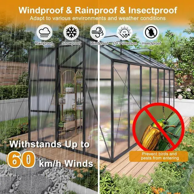 Alt view image 6 of 7 - Walk-in Polycarbonate Greenhouse with Aluminum Frame and Double-Door Gate for Growing Flowers, Herbs, Plants, Outdoor Plant Tent with Drainage Gutter System for Backyard, Lawn (New+6x14FT)