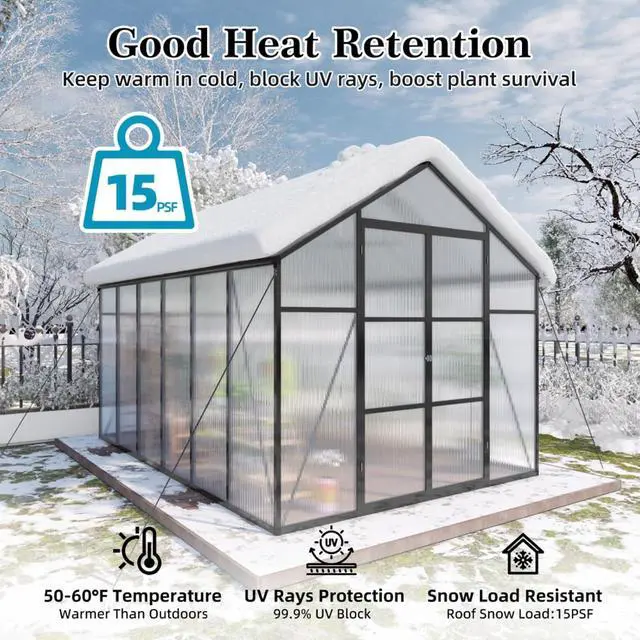 Alt view image 4 of 7 - Walk-in Polycarbonate Greenhouse with Aluminum Frame and Double-Door Gate for Growing Flowers, Herbs, Plants, Outdoor Plant Tent with Drainage Gutter System for Backyard, Lawn (8x12FT+Black)