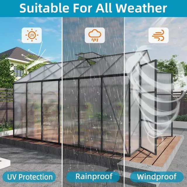Alt view image 5 of 7 - Walk-in Polycarbonate Greenhouse with Aluminum Frame and Double-Door Gate for Growing Flowers, Herbs, Plants, Outdoor Plant Tent with Drainage Gutter System for Backyard, Lawn (8x12FT+Black)