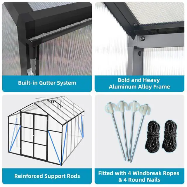 Alt view image 6 of 7 - Walk-in Polycarbonate Greenhouse with Aluminum Frame and Double-Door Gate for Growing Flowers, Herbs, Plants, Outdoor Plant Tent with Drainage Gutter System for Backyard, Lawn (8x12FT+Black)