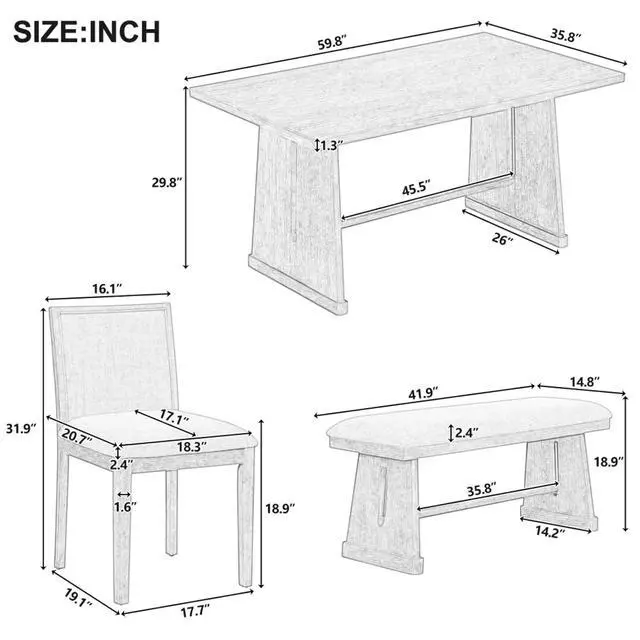 Alt view image 4 of 7 - 6-Piece Farmhouse Dining Sets with Rectangular Table and 4 Upholstered Chairs & 1 Bench for 6, Rustic Kitchen Set with Solid Wood Frame & Unique Trapezoidal Legs for Dining Room (Espresso)