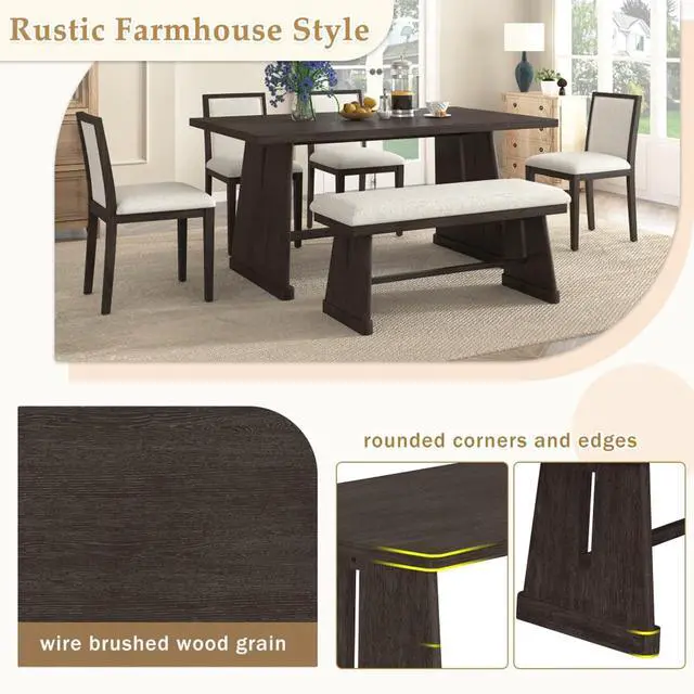 Alt view image 5 of 7 - 6-Piece Farmhouse Dining Sets with Rectangular Table and 4 Upholstered Chairs & 1 Bench for 6, Rustic Kitchen Set with Solid Wood Frame & Unique Trapezoidal Legs for Dining Room (Espresso)
