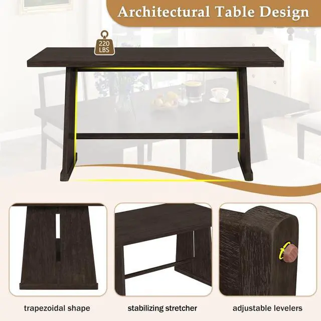 Alt view image 6 of 7 - 6-Piece Farmhouse Dining Sets with Rectangular Table and 4 Upholstered Chairs & 1 Bench for 6, Rustic Kitchen Set with Solid Wood Frame & Unique Trapezoidal Legs for Dining Room (Espresso)
