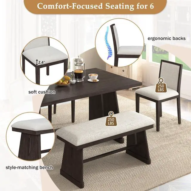 Alt view image 7 of 7 - 6-Piece Farmhouse Dining Sets with Rectangular Table and 4 Upholstered Chairs & 1 Bench for 6, Rustic Kitchen Set with Solid Wood Frame & Unique Trapezoidal Legs for Dining Room (Espresso)