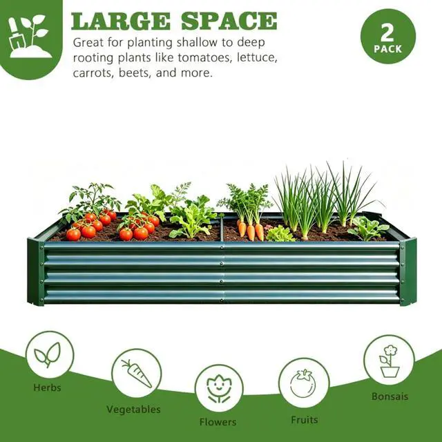 Alt view image 2 of 7 - 2 Pieces Metal Raised Bed with Open Bottom Design for Backyard, Lawn, Poolside, Outdoor Planter Box with Anti-Rust Iron Frame for Growing Flowers, Vegetables, Plants (6x3x1FT Green 2PCS)