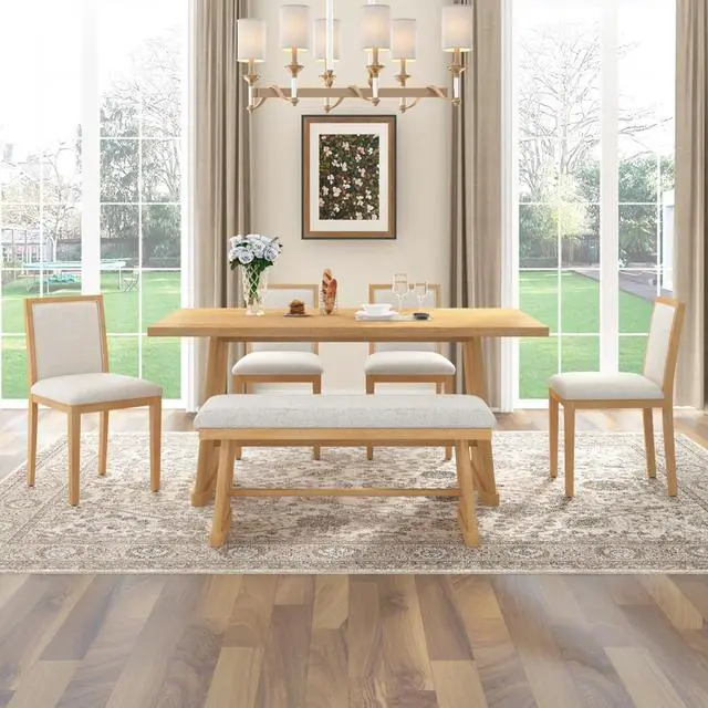 Alt view image 2 of 7 - 6-Piece Farmhouse Dining Sets with Rectangular Table and 4 Upholstered Chairs & 1 Bench for 6, Rustic Kitchen Set with Solid Wood Frame & Unique Trapezoidal Legs for Dining Room (Natural)