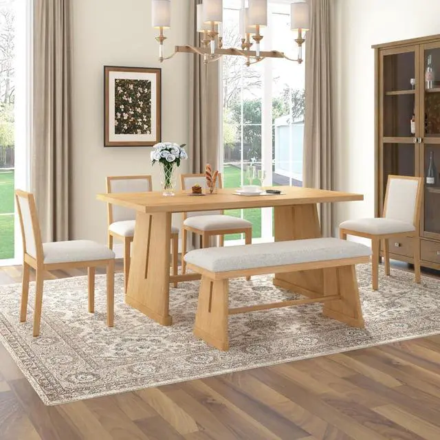 Alt view image 3 of 7 - 6-Piece Farmhouse Dining Sets with Rectangular Table and 4 Upholstered Chairs & 1 Bench for 6, Rustic Kitchen Set with Solid Wood Frame & Unique Trapezoidal Legs for Dining Room (Natural)