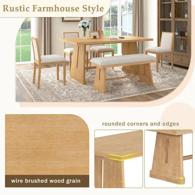 Alt view image 5 of 7 - 6-Piece Farmhouse Dining Sets with Rectangular Table and 4 Upholstered Chairs & 1 Bench for 6, Rustic Kitchen Set with Solid Wood Frame & Unique Trapezoidal Legs for Dining Room (Natural)