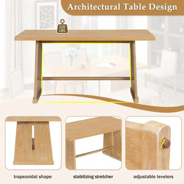Alt view image 6 of 7 - 6-Piece Farmhouse Dining Sets with Rectangular Table and 4 Upholstered Chairs & 1 Bench for 6, Rustic Kitchen Set with Solid Wood Frame & Unique Trapezoidal Legs for Dining Room (Natural)