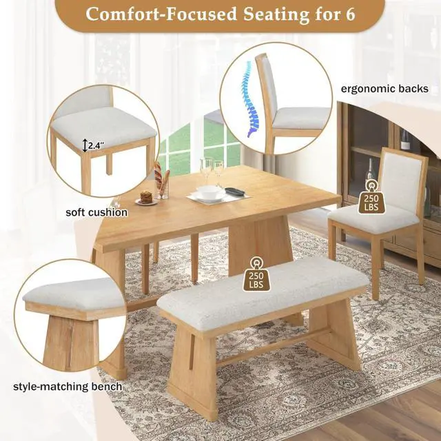 Alt view image 7 of 7 - 6-Piece Farmhouse Dining Sets with Rectangular Table and 4 Upholstered Chairs & 1 Bench for 6, Rustic Kitchen Set with Solid Wood Frame & Unique Trapezoidal Legs for Dining Room (Natural)