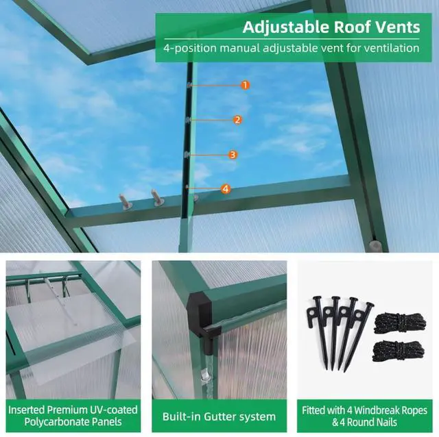 Alt view image 2 of 7 - Walk-in Polycarbonate Greenhouse with Aluminum Frame and Double-Door Gate for Growing Flowers, Herbs, Plants, Outdoor Plant Tent with Drainage Gutter System for Backyard, Lawn (6x6FT+Green)