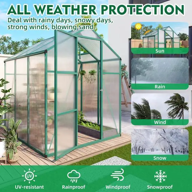 Alt view image 3 of 7 - Walk-in Polycarbonate Greenhouse with Aluminum Frame and Double-Door Gate for Growing Flowers, Herbs, Plants, Outdoor Plant Tent with Drainage Gutter System for Backyard, Lawn (6x6FT+Green)