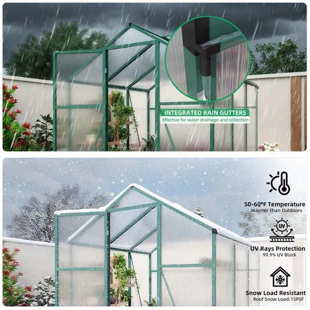 Alt view image 4 of 7 - Walk-in Polycarbonate Greenhouse with Aluminum Frame and Double-Door Gate for Growing Flowers, Herbs, Plants, Outdoor Plant Tent with Drainage Gutter System for Backyard, Lawn (6x6FT+Green)