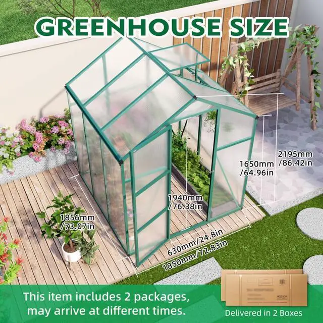 Alt view image 5 of 7 - Walk-in Polycarbonate Greenhouse with Aluminum Frame and Double-Door Gate for Growing Flowers, Herbs, Plants, Outdoor Plant Tent with Drainage Gutter System for Backyard, Lawn (6x6FT+Green)