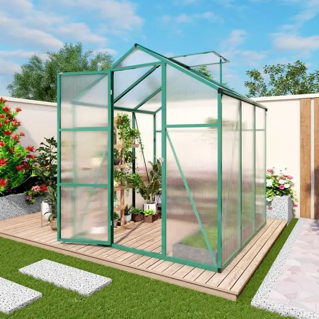 Alt view image 7 of 7 - Walk-in Polycarbonate Greenhouse with Aluminum Frame and Double-Door Gate for Growing Flowers, Herbs, Plants, Outdoor Plant Tent with Drainage Gutter System for Backyard, Lawn (6x6FT+Green)