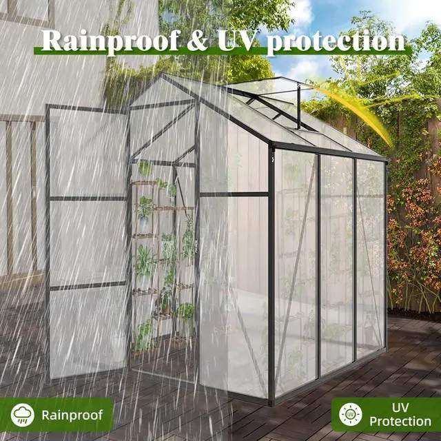 Alt view image 2 of 7 - Walk-in Polycarbonate Greenhouse with Aluminum Frame and Double-Door Gate for Growing Flowers, Herbs, Plants, Outdoor Plant Tent with Drainage Gutter System for Backyard, Lawn (New+ 6x6FT)