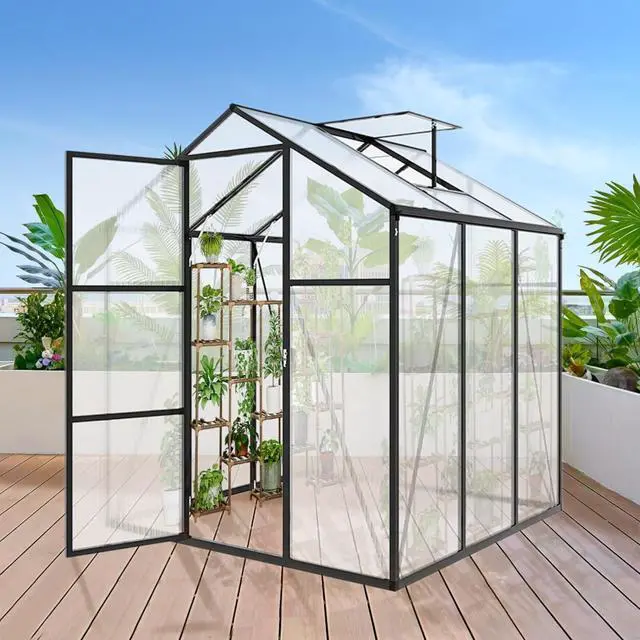 Main image of Walk-in Polycarbonate Greenhouse with Aluminum Frame and Double-Door Gate for Growing Flowers, Herbs, Plants, Outdoor Plant Tent with Drainage Gutter System for Backyard, Lawn (New+ 6x6FT)