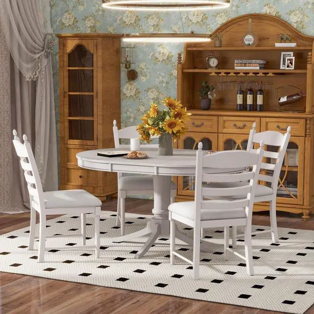 Alt view image 2 of 7 - 5-Piece Extendable Dining Table Set with Oval Table and 4 Upholstered Chairs for Home Bar Cafe, Vintage Kitchen Table Sets with Solid Wood Frame & Ladder Backrest for 4 (Antique White)
