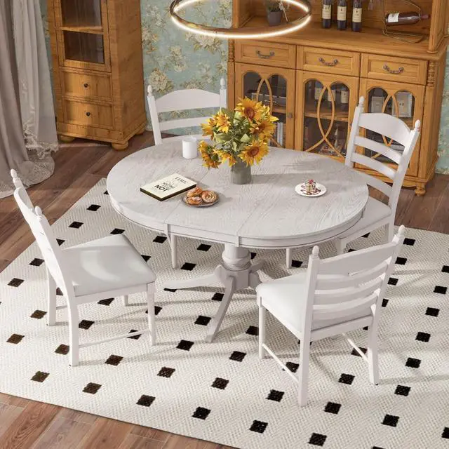 Alt view image 3 of 7 - 5-Piece Extendable Dining Table Set with Oval Table and 4 Upholstered Chairs for Home Bar Cafe, Vintage Kitchen Table Sets with Solid Wood Frame & Ladder Backrest for 4 (Antique White)