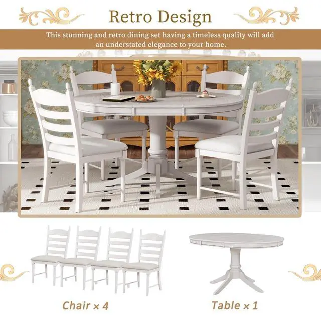 Alt view image 5 of 7 - 5-Piece Extendable Dining Table Set with Oval Table and 4 Upholstered Chairs for Home Bar Cafe, Vintage Kitchen Table Sets with Solid Wood Frame & Ladder Backrest for 4 (Antique White)