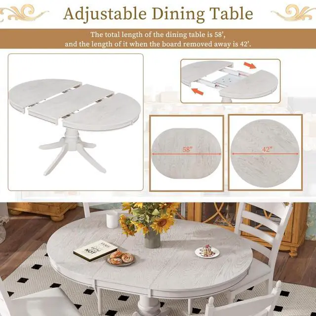 Alt view image 6 of 7 - 5-Piece Extendable Dining Table Set with Oval Table and 4 Upholstered Chairs for Home Bar Cafe, Vintage Kitchen Table Sets with Solid Wood Frame & Ladder Backrest for 4 (Antique White)