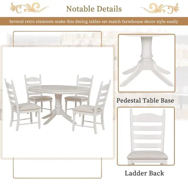 Alt view image 7 of 7 - 5-Piece Extendable Dining Table Set with Oval Table and 4 Upholstered Chairs for Home Bar Cafe, Vintage Kitchen Table Sets with Solid Wood Frame & Ladder Backrest for 4 (Antique White)