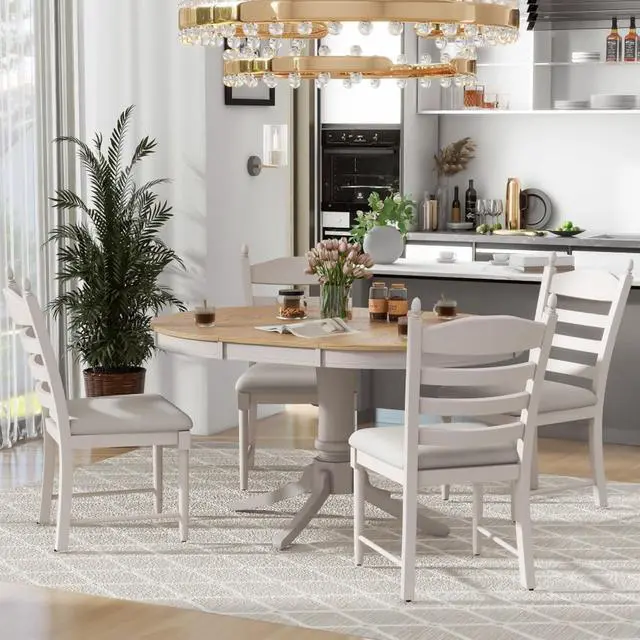 Alt view image 2 of 7 - 5-Piece Extendable Dining Table Set with Oval Table and 4 Upholstered Chairs for Home Bar Cafe, Vintage Kitchen Table Sets with Solid Wood Frame & Ladder Backrest for 4 (Off White)