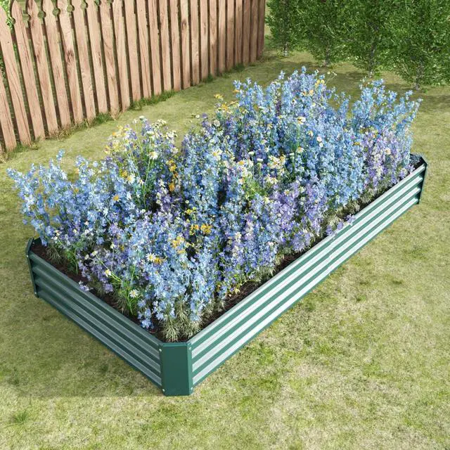 Alt view image 7 of 7 - Raised Garden Bed Kit with Metal Frame and Open Bottom for Backyard, Park, Poolside, Outdoor Planter Box with 2 Supporting Bars for Growing Flowers, Plants, Vegetables (8x4x1FT Green 1PCS)