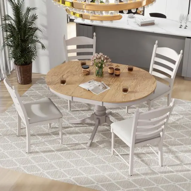 Alt view image 3 of 7 - 5-Piece Extendable Dining Table Set with Oval Table and 4 Upholstered Chairs for Home Bar Cafe, Vintage Kitchen Table Sets with Solid Wood Frame & Ladder Backrest for 4 (Off White)