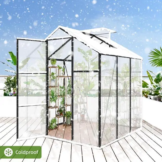 Alt view image 3 of 7 - Walk-in Polycarbonate Greenhouse with Aluminum Frame and Double-Door Gate for Growing Flowers, Herbs, Plants, Outdoor Plant Tent with Drainage Gutter System for Backyard, Lawn (New+ 6x6FT)