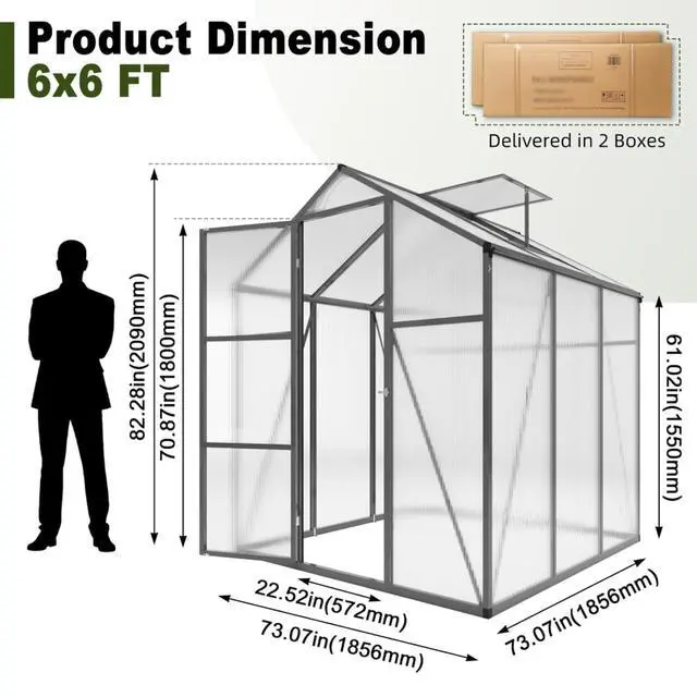 Alt view image 6 of 7 - Walk-in Polycarbonate Greenhouse with Aluminum Frame and Double-Door Gate for Growing Flowers, Herbs, Plants, Outdoor Plant Tent with Drainage Gutter System for Backyard, Lawn (New+ 6x6FT)