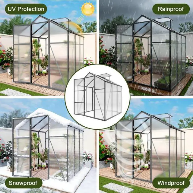 Alt view image 4 of 7 - Walk-in Polycarbonate Greenhouse with Aluminum Frame and Double-Door Gate for Growing Flowers, Herbs, Plants, Outdoor Plant Tent with Drainage Gutter System for Backyard, Lawn (New+ 6x6FT)