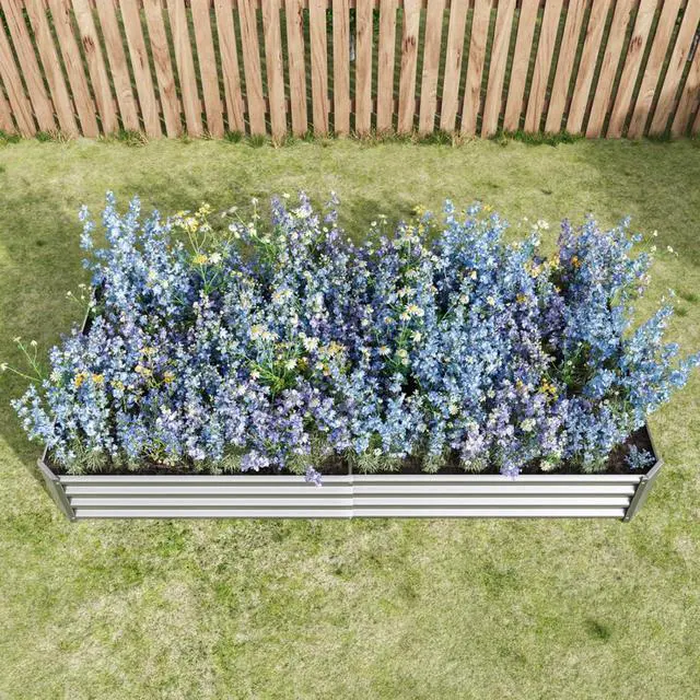 Alt view image 4 of 7 - 2 Pieces Metal Raised Bed with Open Bottom Design for Backyard, Lawn, Poolside, Outdoor Planter Box with Anti-Rust Iron Frame for Growing Flowers, Vegetables, Plants (8x4x1FT Silver 2PCS)